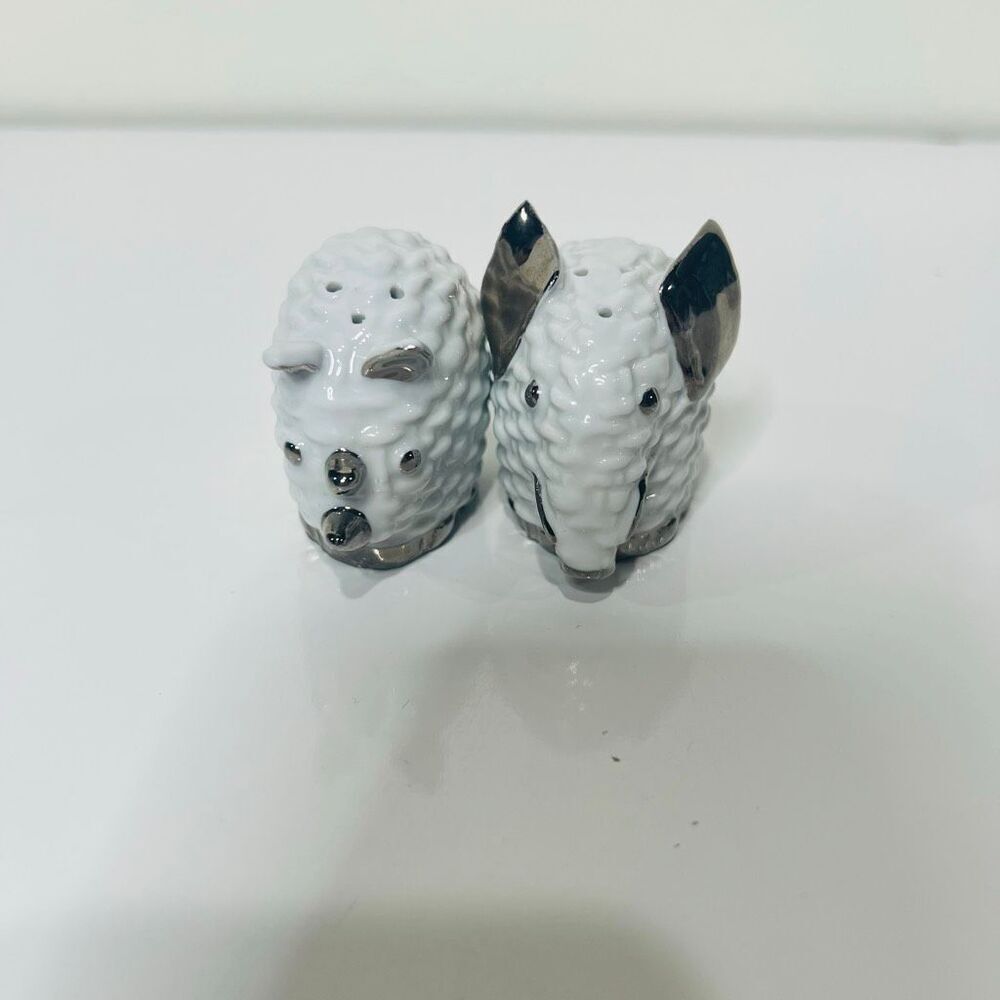 Gucci Vintage Twin White Silver Ceramic Salt Pepper Shakers Elephant Rhinoceros